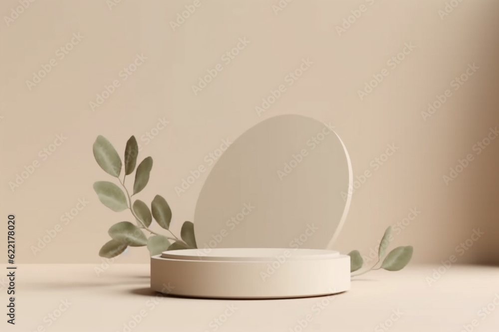 3D display podium, Pastel beige background with pedestal nude color stand and tree branch shadow, Nature green leaf, Beauty, cosmetic product mockup, Minimal