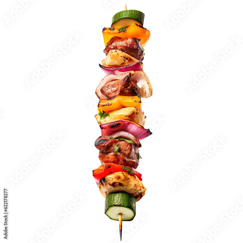 Delicious Grilled meat and vegetable kebab skewer isolated on transparent background Remove png created with Generative AI, Clipping Path photo