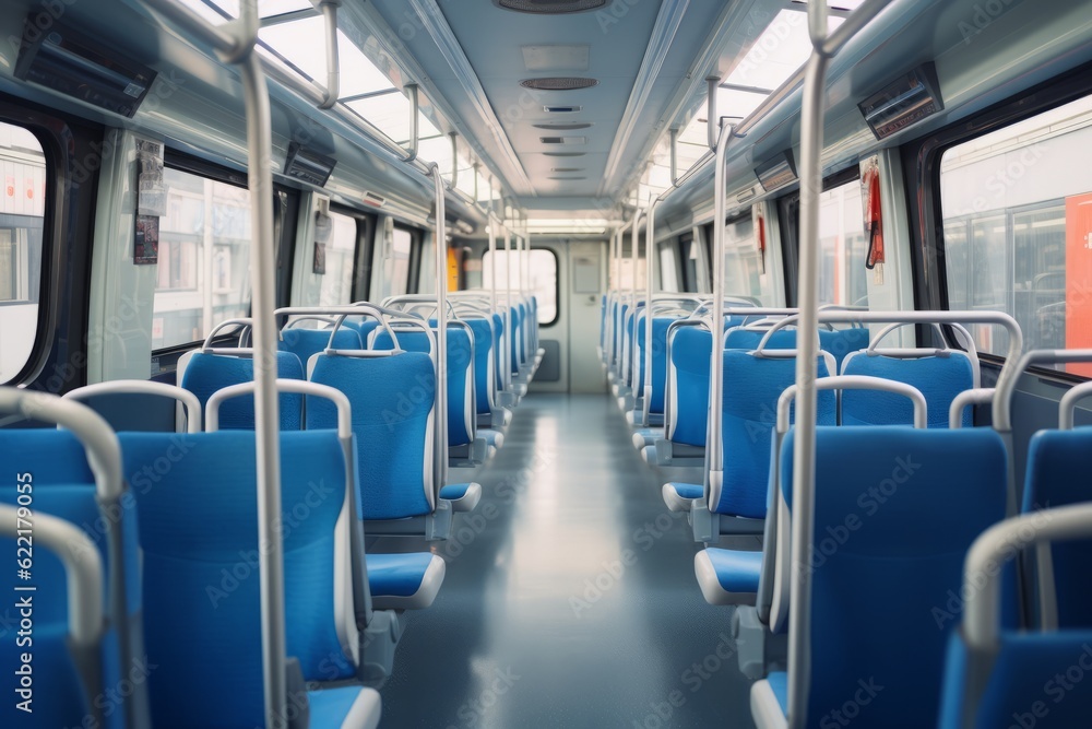 Modern City Bus Empty Interior And Seats, Generative AI Modern City Bus Empty Interior And Seats, Generative AI