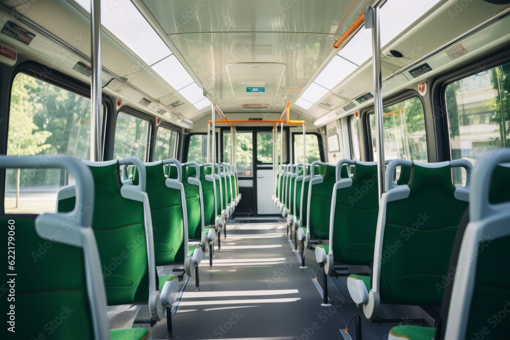 Fototapeta premium Modern City Bus Empty Interior And Seats, Generative AI