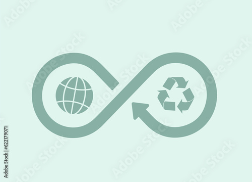 Circular economy - sustainable, eco-friendly solutions. Reusable resources, recycling, and environmental protection. Circular economy cycle with globe and recycle icons. Vector illustration