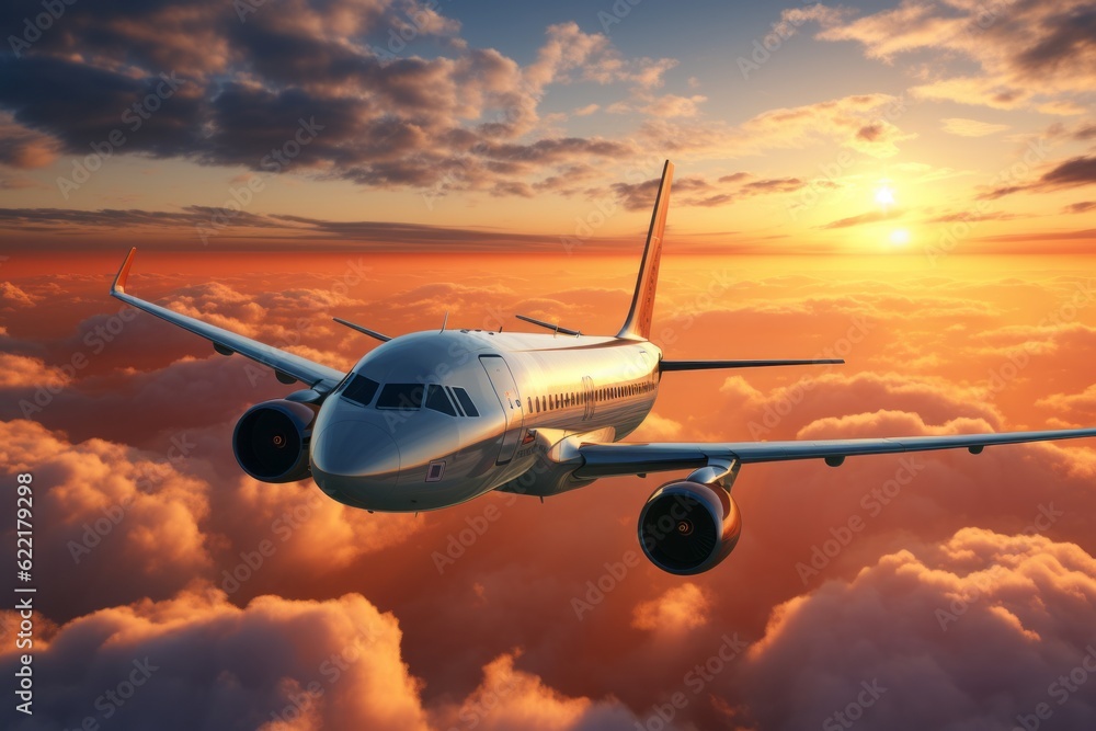 Obraz premium Airplane Flying Above Dramatic Clouds, Generative AI