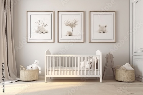 Modern and simple baby room interior, suitable for catalog cover photos in magazines or advertisements. Generative AI