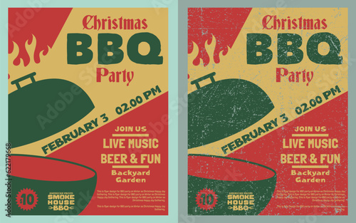 Vector Christmas Bbq Party Poster Retro Vintage Grunge Hand Drawn Template