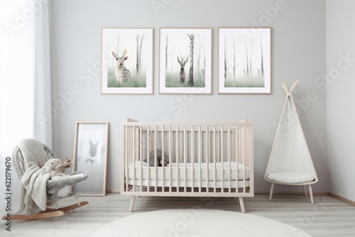 Modern and simple baby room interior, suitable for catalog cover photos in magazines or advertisements. Generative AI