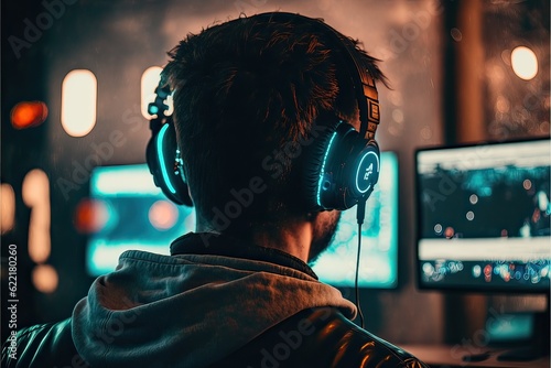 A gamer boy playing online games wearing gaming headphones