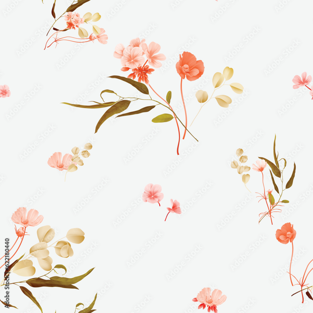 Red and brown spring flowers and plants seamless pattern