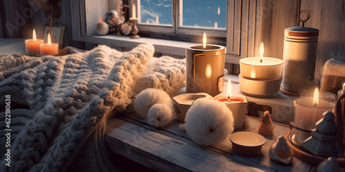 Cozy winter or autumn morning at home swedish hygge includes hot coffee with a gold metallic spoon Generative Ai