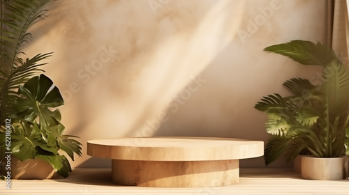Realistic wooden product display podium with foliage and plant, modern beige background. Presentation showcase backdrop for beauty product, home, or body products. Generative AI © Mickael