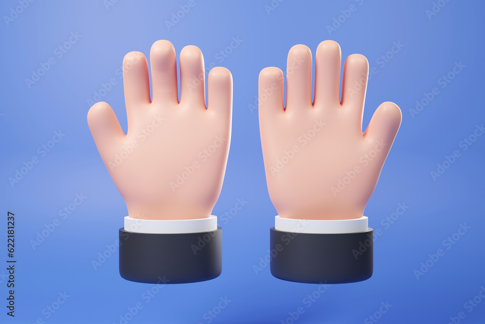 3D cartoon left and right hand gesture ,Business man bare hand on blue background ,3D rendering  business man hand praying with black suit