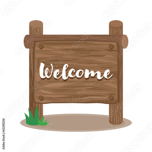 Wooden signboard with welcome text and grass vector illustration on white background. Text illustration. Wood sign text template. Cartoon illustration.