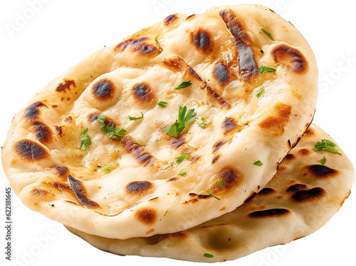 Indian naan bread with garlic and butter, Pita bread on a white background. Generative AI