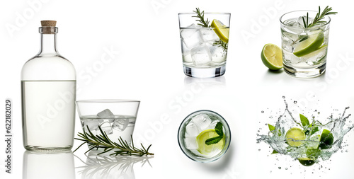  Set of gin with bottle, glass side view and top view, splashes and drops isolated