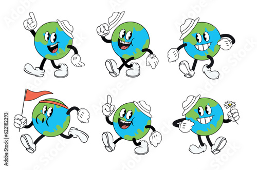 A set of six vintage, cartoon-style Earth characters with smiling faces and limbs. The characters are depicted in a variety of energetic poses, including running and waving. Vector