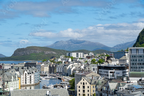 View of the beautiful port city of Alesund in Norway © Angela Rohde