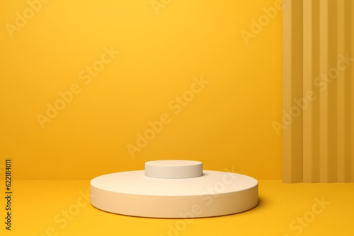 3D realistic mockup display empty white and yellow podium platform on minimal wall scene yellow background and natural light