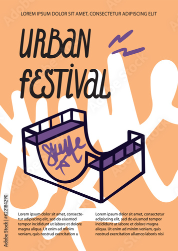 Urban sports festival with title and text. Template for poster, announcement, event. Graffiti ramp illustration. Bright vector flat style.