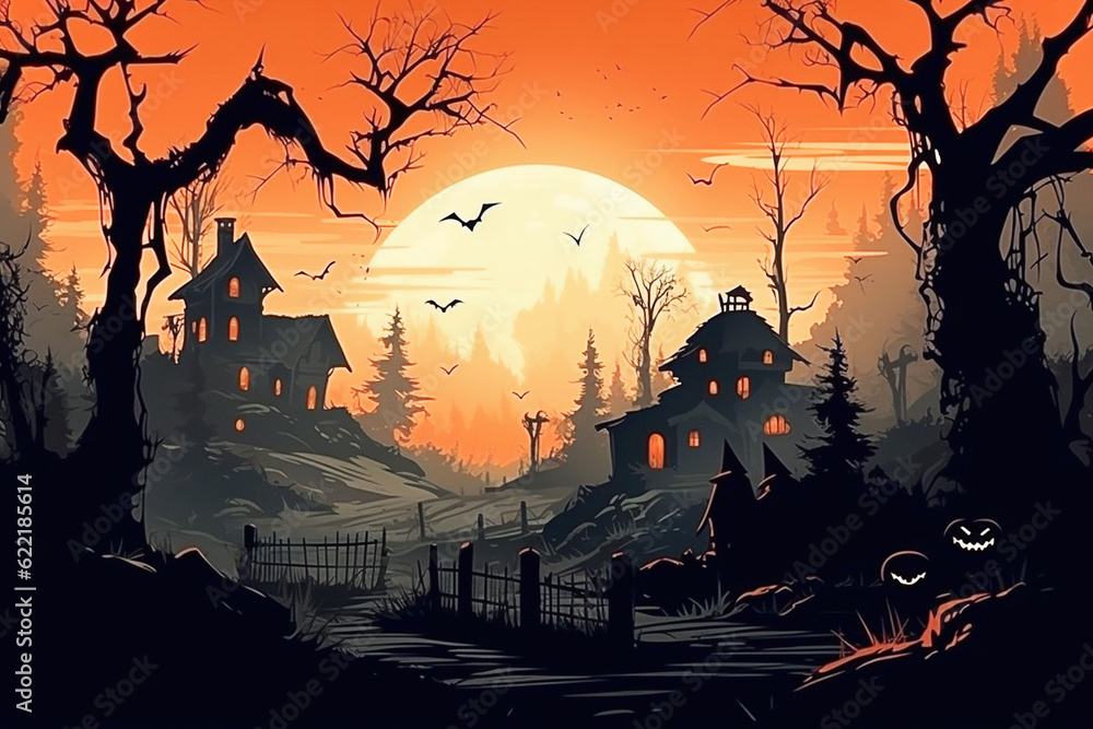Ai generative. Halloween background with creepy landscape of night sky. Ai generative. Halloween background with creepy landscape of night sky.