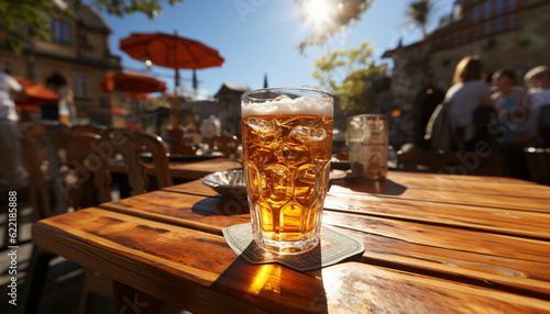 Cold beer on a table, beautiful sunny day