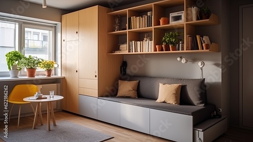 Compact and functional studio apartment with multifunctional furniture and smart storage solutions, generative ai