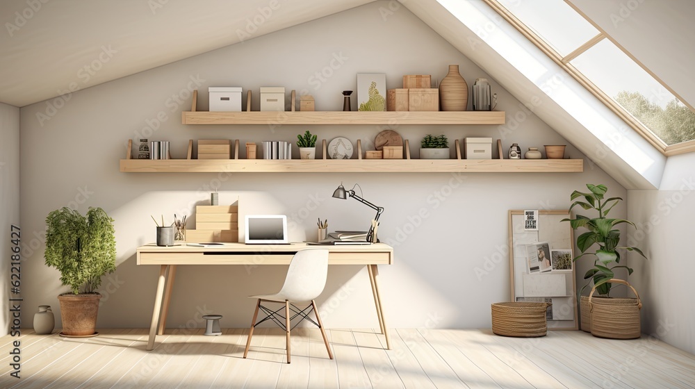 Fototapeta premium Minimalist art studio with ample natural light, a spacious work desk, and storage for supplies, generative ai