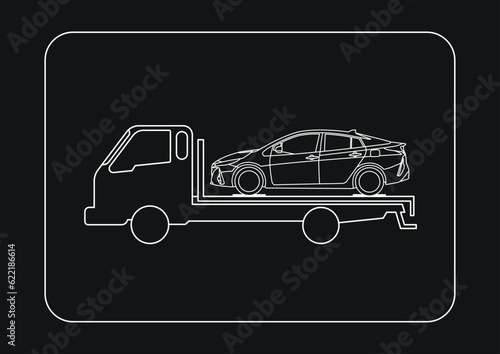 Tow truck service, line art icon. Sedan and evacuator truck line draw side view. Wrecker transporting crashed passenger car, help accident of transport of brocken vehicle. Vector outline