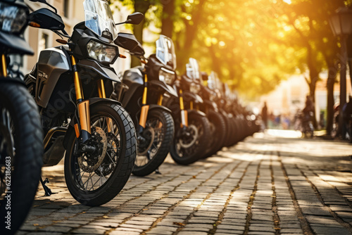 Motorcycles Group Parking On City Street, Generative AI