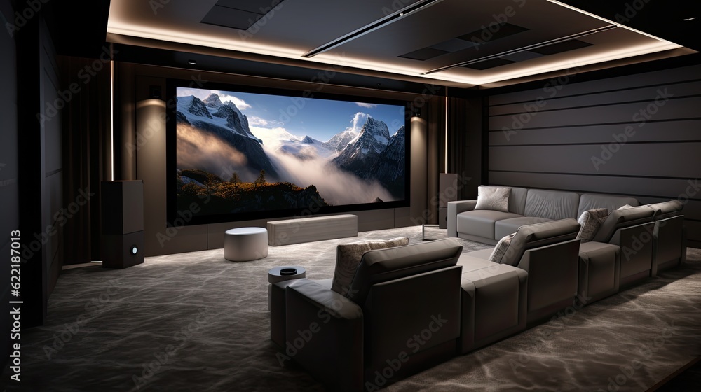 Minimalist home theater with comfortable seating, a large screen, and surround sound system, generative ai Minimalist home theater with comfortable seating, a large screen, and surround sound system, generative ai