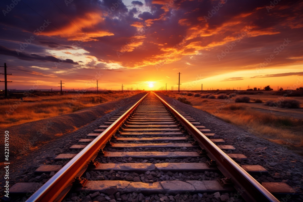 Railway Train Track In The Evening, Generative AI Railway Train Track In The Evening, Generative AI
