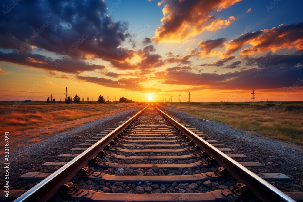 Railway Train Track In The Evening, Generative AI Railway Train Track In The Evening, Generative AI