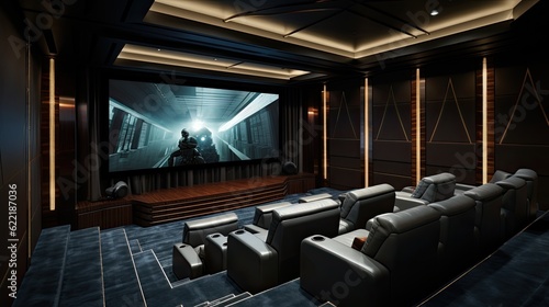 Minimalist home theater with comfortable seating  a large screen  and surround sound system  generative ai