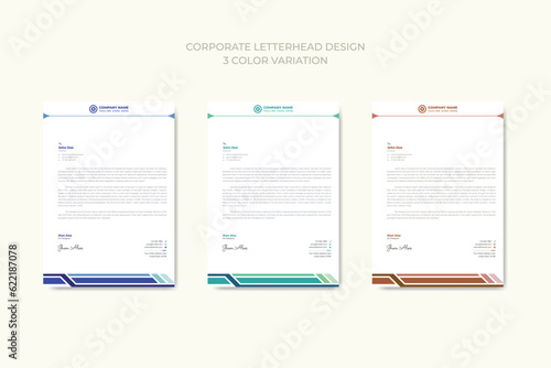 Professional corporate business letterhead template design with 3 color variation bundle