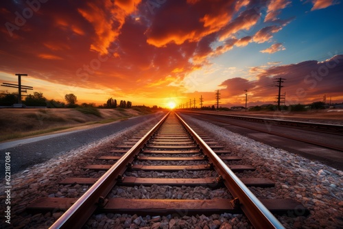 Railway Train Track In The Evening, Generative AI