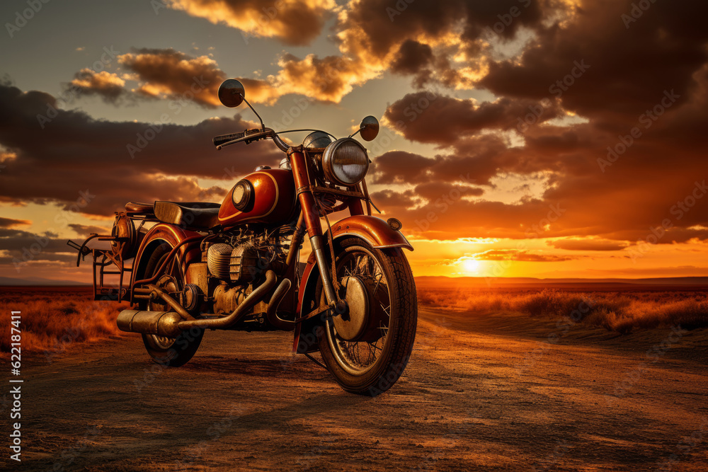 Fototapeta premium Retro Motorcycle And Beautiful Sunset, Generative AI