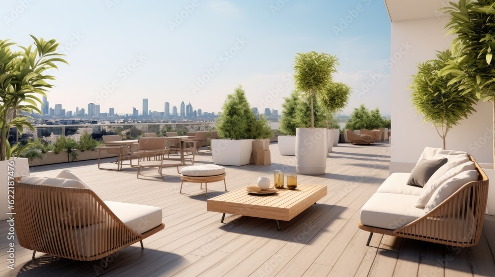 Minimalist rooftop terrace with sleek outdoor furniture, panoramic views, and potted plants, generative ai