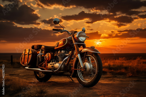 Retro Motorcycle And Beautiful Sunset, Generative AI