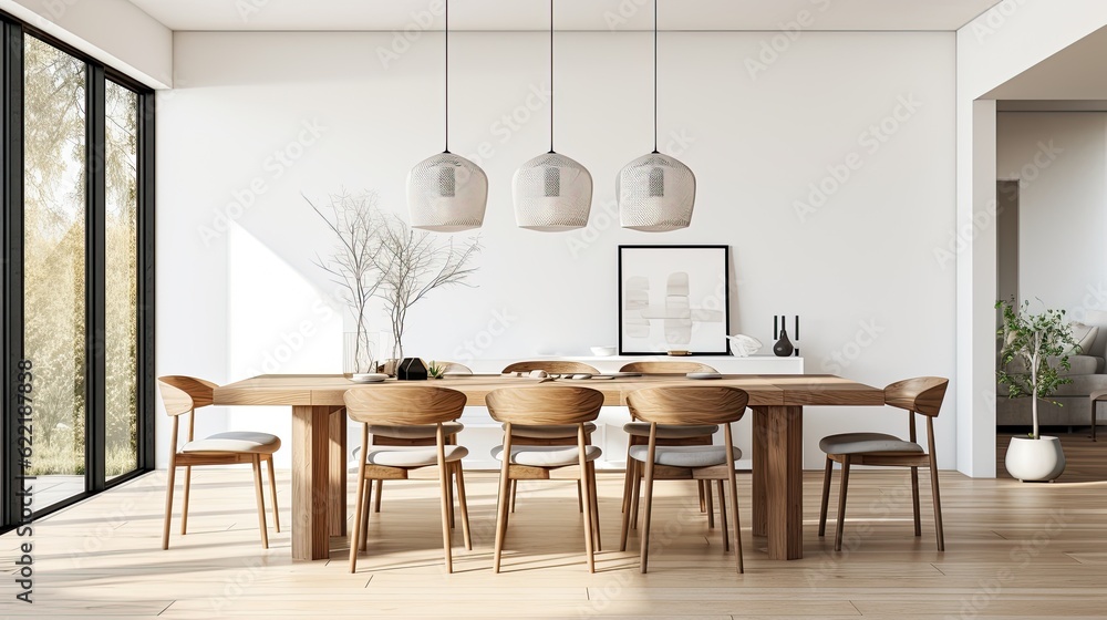 Fototapeta premium Simple and elegant dining room with a wooden table, modern chairs, and pendant lighting, generative ai
