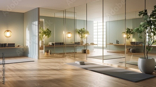 Serene yoga studio with wooden flooring  floor-to-ceiling mirrors  and a calming color palette  generative ai