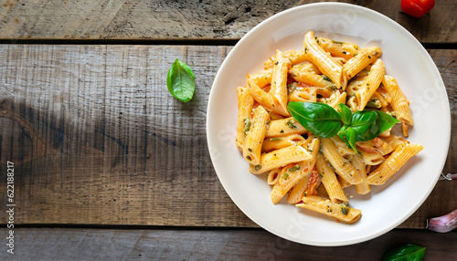 Canvas Print Delicious creamy Italian penne pasta starter with pepper seasoning and fresh bas