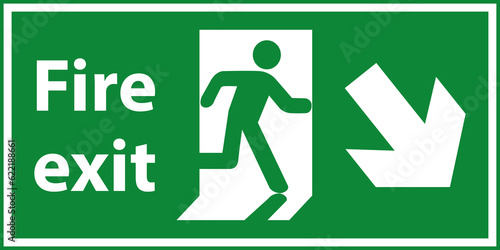 Leinwand Poster Green emergency fire exit sign, Fire sign, green exit sign