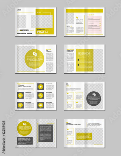Company profile, multipage brochure template, include cover page, vertical a4 format presentation, landing page, annual report, leaflet, magazine, catalog, minimalist colorful geometric layout design
