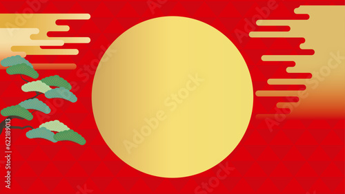 松の木、金色の太陽、鱗模様の背景イラスト