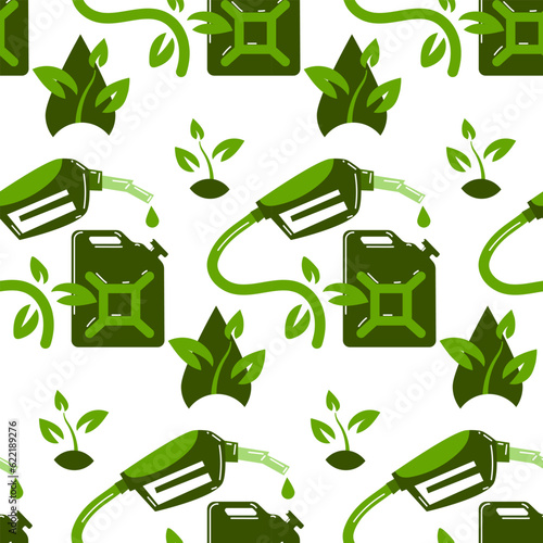 Seamless background on the theme of biodiesel, fuel in green colors. Dispenser gun, plants, drop, canister. Flat vector illustration. The pattern of the symbol of ecological refueling. Printing