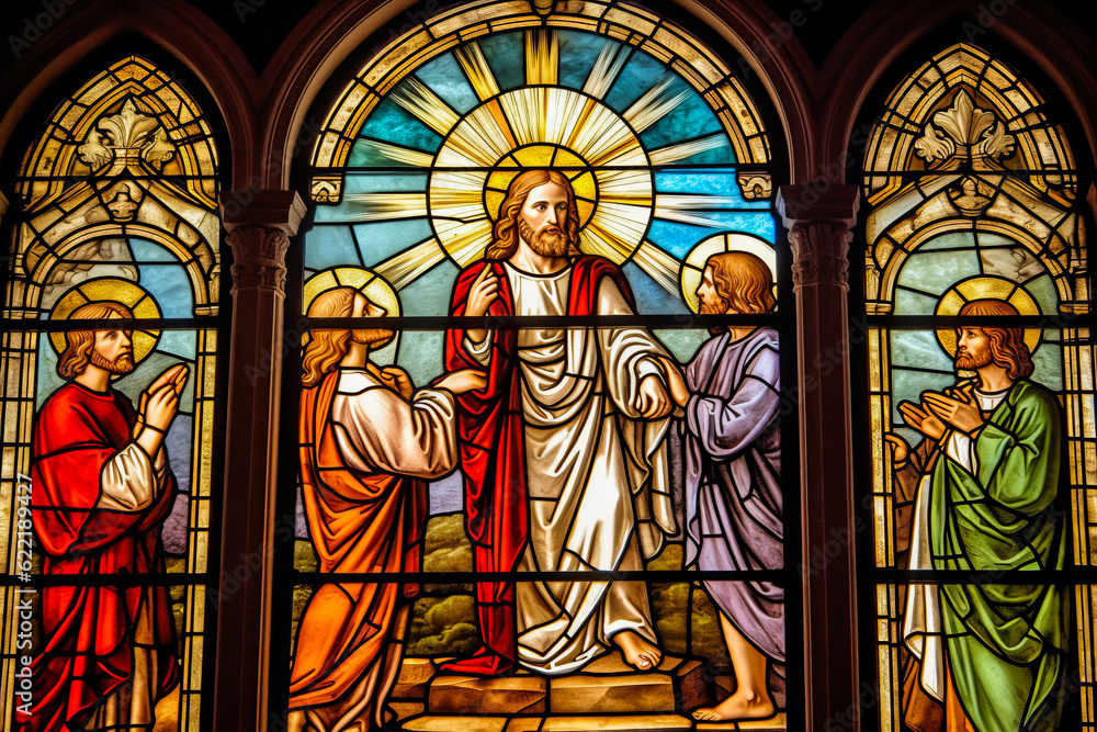 Breathtaking stained-glass depiction of miraculous scenes from Jesus' life in a catholic cathedral, stirring emotions with vivid colours and intricate details. Generative AI