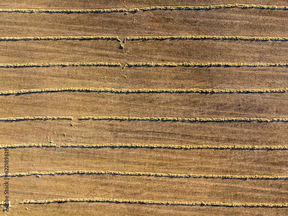 Aerial view of a fresh harvest crop field