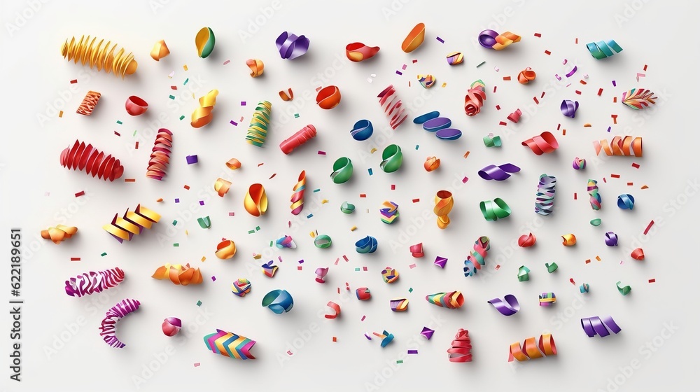 3D Party Confetti Set Isolated on White. Render Plasticine Confetti Collection. Colorful Firecracker Elements in Various Shapes. Party, Holyday, Surprise or Birthday Events. n generative ai