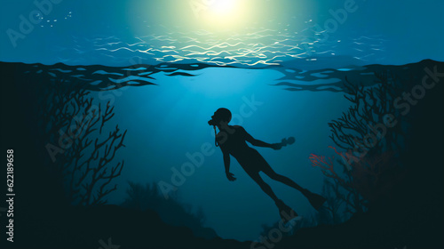 a diver exploring the depths of a calm ocean  representing the uncertainty surrounding the relationship between acute kidney injury and worsening kidney function Generative AI