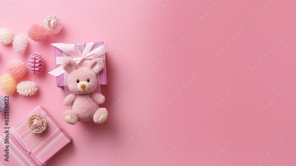 Baby accessories concept. Top view photo of knitted bunny rattle toy giftbox tiny socks teddy-bear toy milk bottle and shiny confetti on isolated pastel pink background with copyspace generative ai Baby accessories concept. Top view photo of knitted bunny rattle toy giftbox tiny socks teddy-bear toy milk bottle and shiny confetti on isolated pastel pink background with copyspace generative ai
