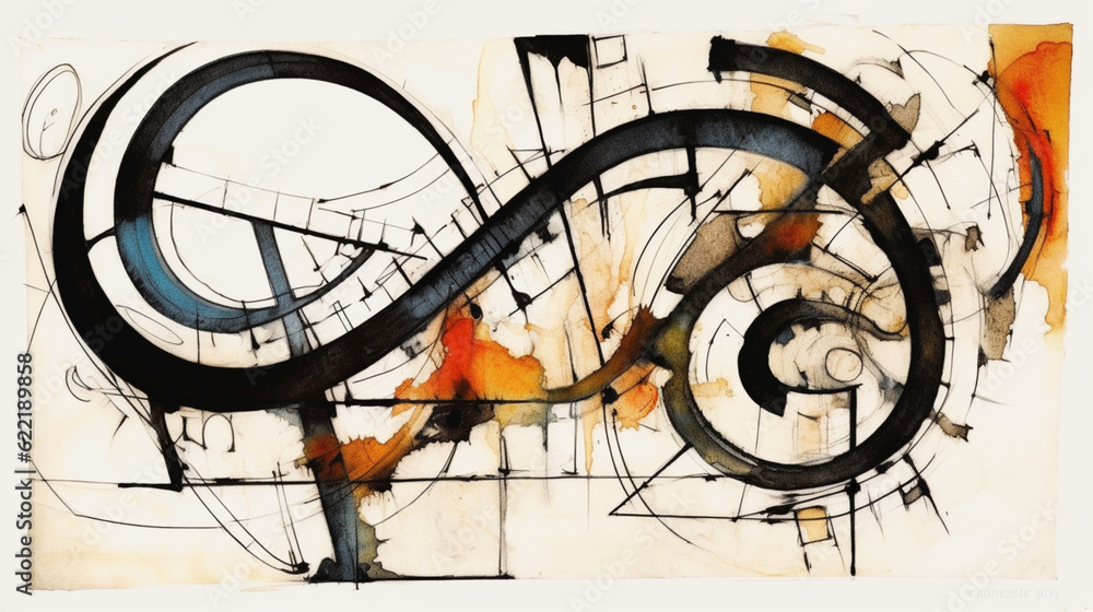 A calligraphic abstraction with a watercolor and ink design background