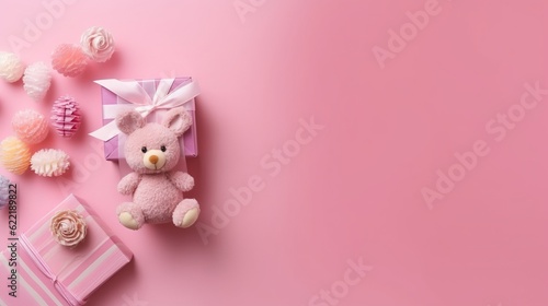 Baby accessories concept. Top view photo of knitted bunny rattle toy giftbox tiny socks teddy-bear toy milk bottle and shiny confetti on isolated pastel pink background with copyspace generative ai
